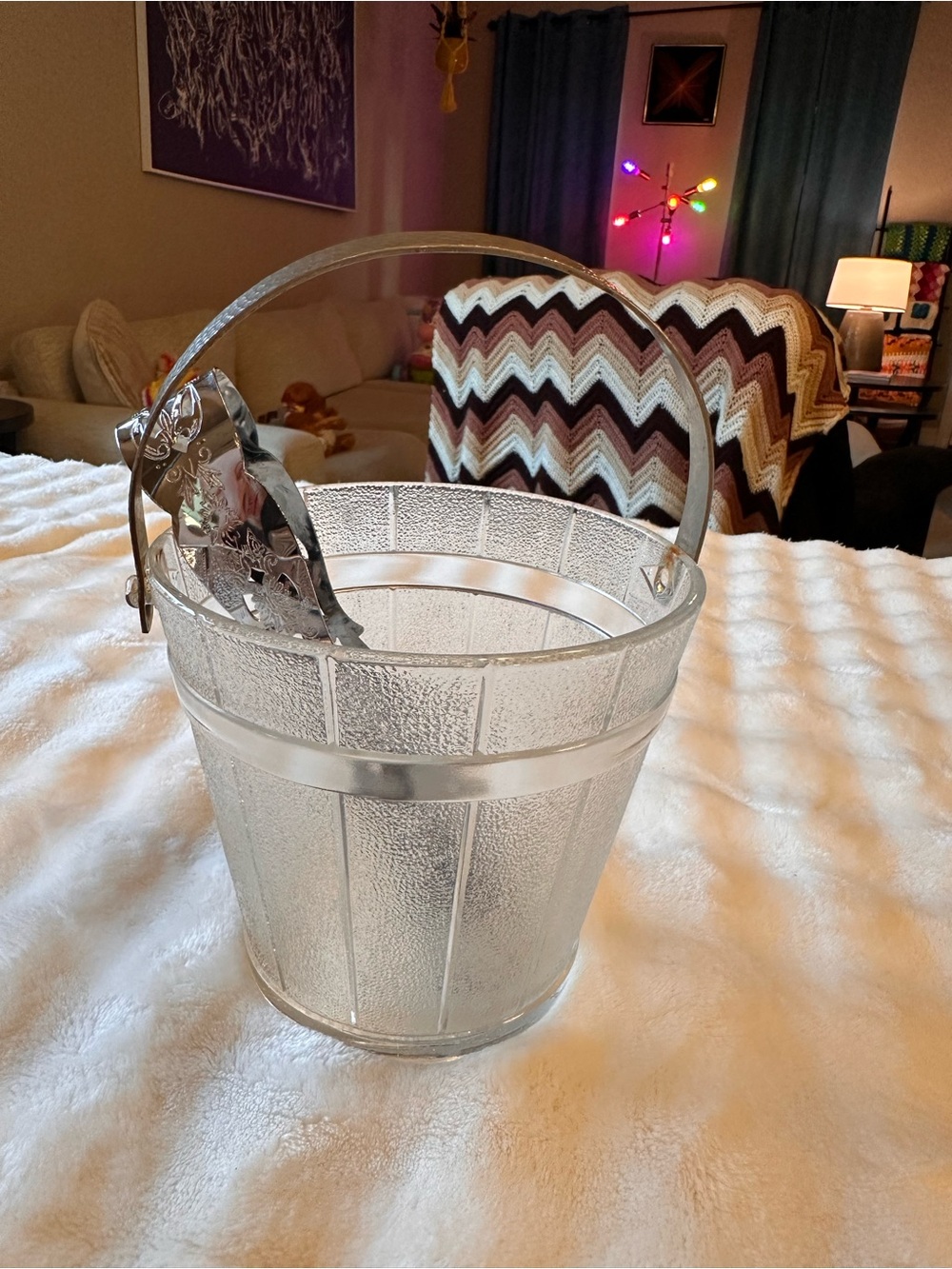 Vintage Textured Glass Ice Bucket with Metal Handle & Tongs